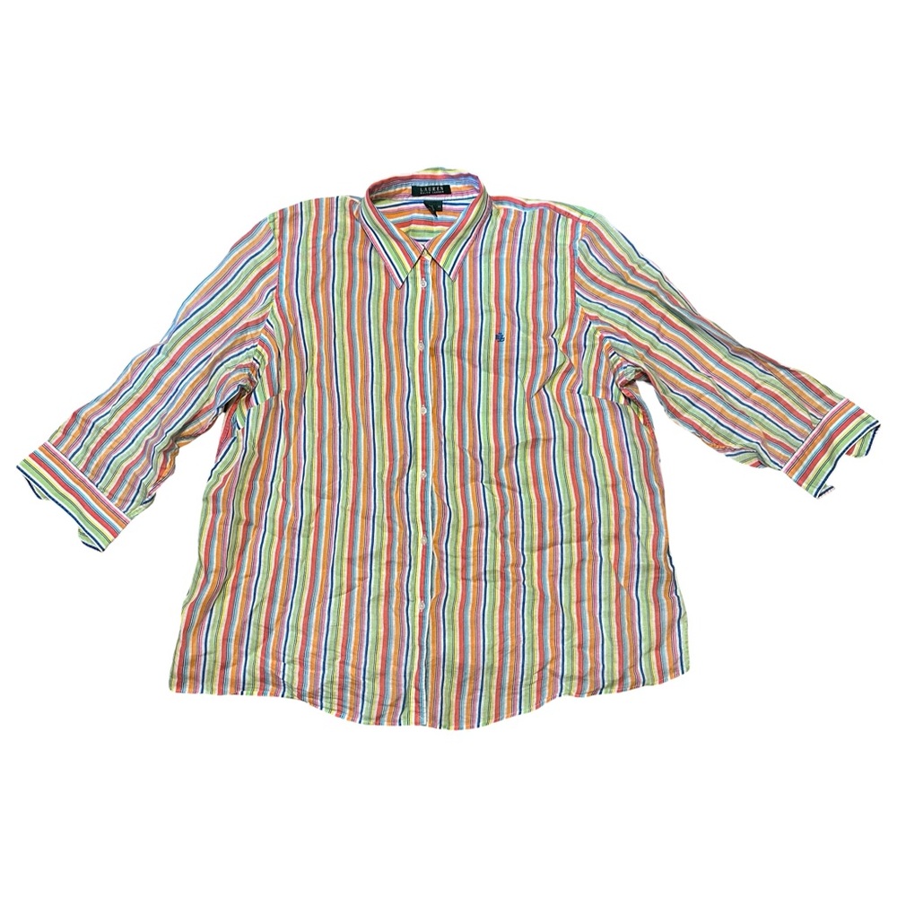 Lauren Ralph Lauren 100% Linen Rainbow Stripe Button Down Shirt Top Size 2X